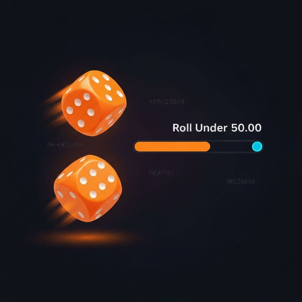 Two glossy dark dice glowing orange above a deep navy surface, sci-fi casino aesthetic